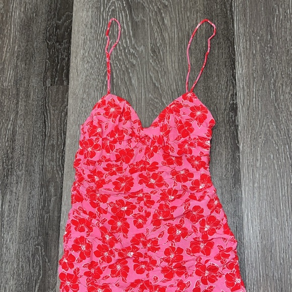 Zara Women's Pink Red Floral Twisted Bodice Mini Dress Spaghetti Strap XS - Picture 3 of 6